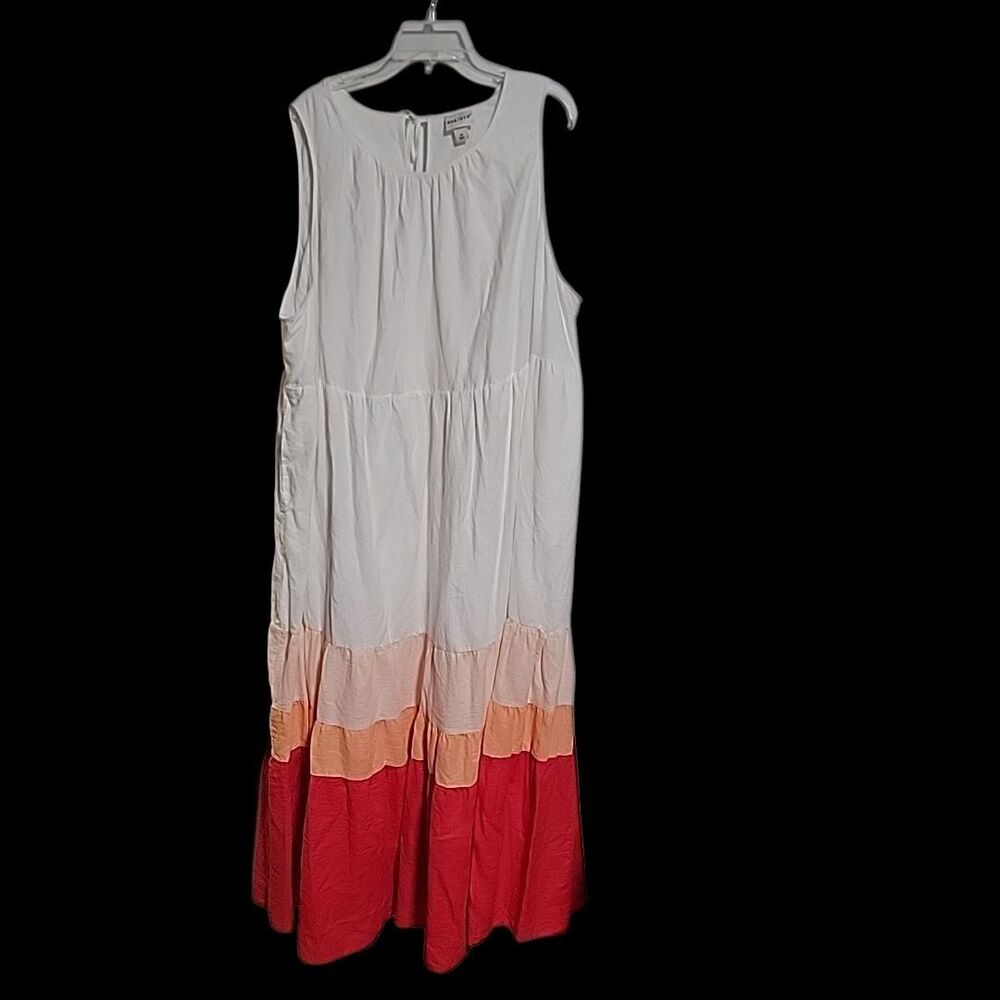 Ava & Viv Women Dress Maxi 3X Sleeveless Colorblock Tiered Pockets White Coral